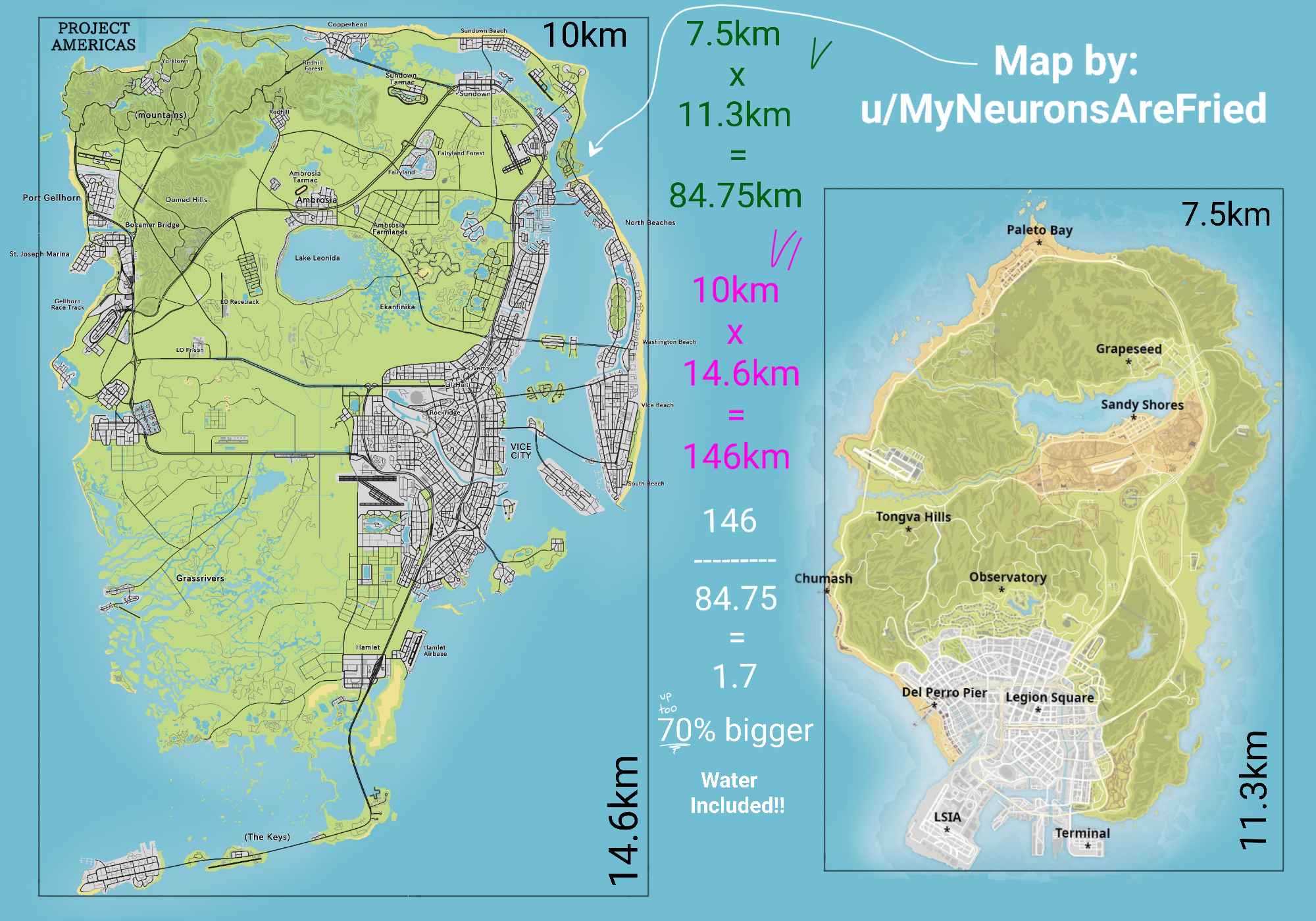 Side-by-side outline comparison of the fan-mapped GTA 6 Leonida coastline against the GTA V Los Santos and Blaine County map.