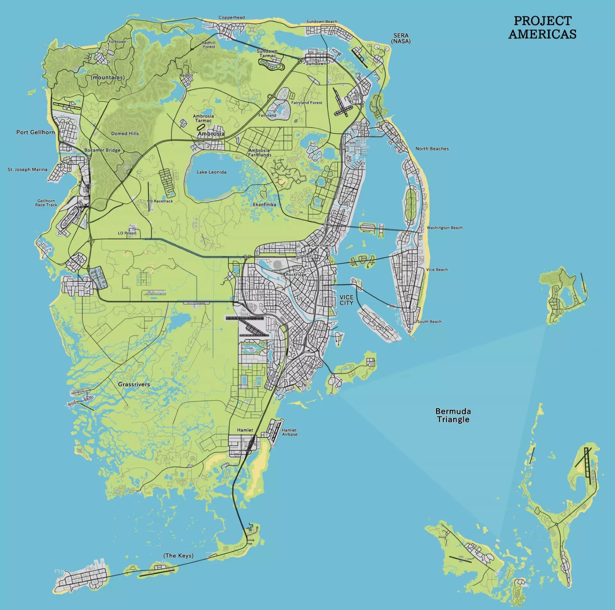 Early fan concept map of the GTA 6 map region, sketching out coastline, roads, and city placement based on 2022 leak analysis.